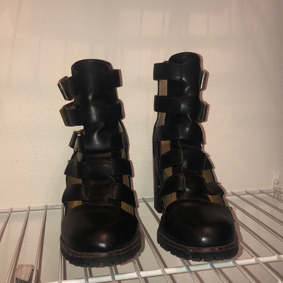 Black Leather Booties with Gold Buckles - Picture 3 of 3